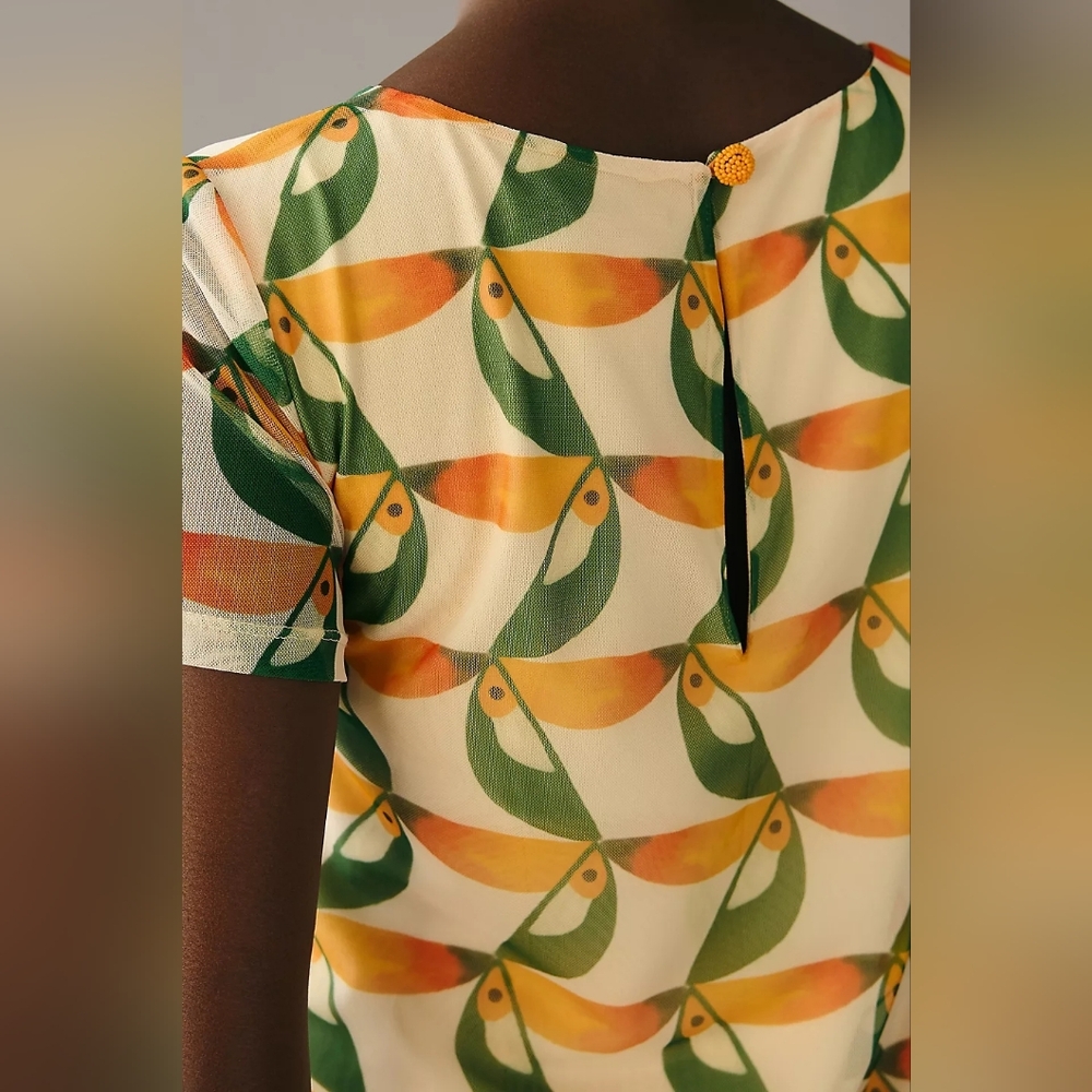 Farm Rio For Anthropologie Tropical Short Sleeve Printed Mesh Midi Dress - Picture 5 of 12